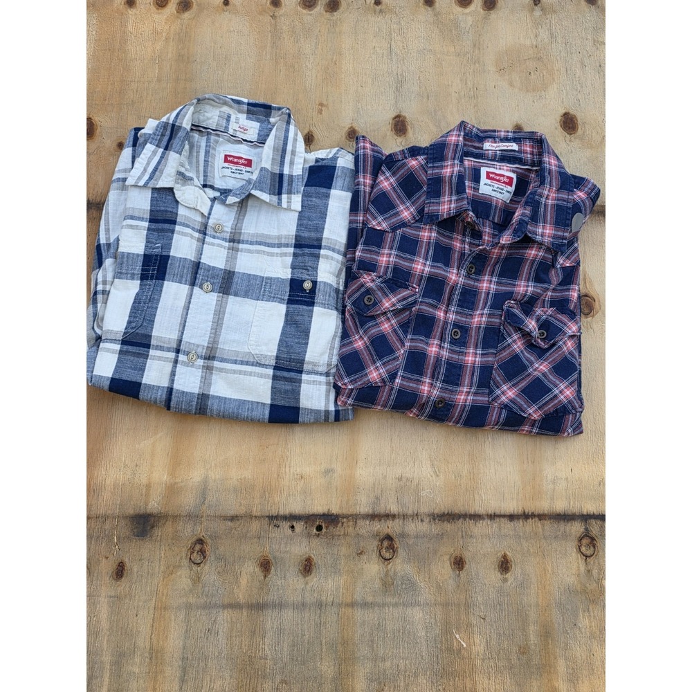 Lot of 2 Wrangler Mens Long Sleeve Plaid Button Down Shirts Indigo Flex Large